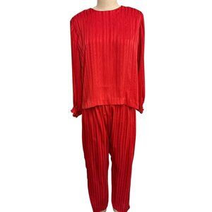 Vintage Red Two-Piece Red Satin Plisse Lounge Set Elastic Waist Ruffle Cuff Slee